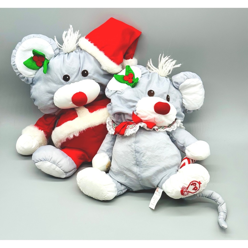 Fisher Price Christmas Mouse Plush Set Grey Red Santa Suit Candy Cane Vintage